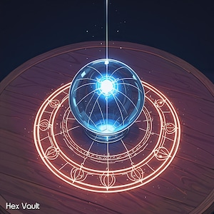 Può includere: Una sfera di vetro trasparente contenente una fonte di luce blu brillante, posizionata sopra un anello circolare arancione illuminato con intricati motivi a linee. Un sottile raggio di luce si estende verso l'alto. Il testo Hex Vault appare.