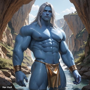 Puede incluir: Una figura musculosa de piel azul y largo cabello blanco, que lleva un taparrabos dorado y brazaletes dorados a juego. La figura está de pie en un río dentro de un cañón rocoso. El texto "Hex Vault" es visible en la esquina inferior izquierda.