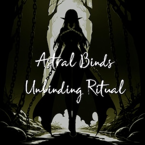 Puede incluir: Silueta oscura de una figura con pelo largo y una capa fluida, adornada con una cadena, en un entorno forestal. El texto "Astral Binds Unbinding Ritual" está escrito en cursiva blanca.