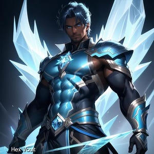 Può includere: Illustrazione di una figura muscolosa in armatura blu e nera con dettagli simili a ghiaccio. Il personaggio ha capelli e occhi blu, con un emblema di cristallo luminoso sul petto. L'immagine ha un tema fantasy.