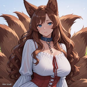 May include: An anime-style illustration of a woman with fox ears and multiple tails. She has long brown hair, blue eyes, and wears a white blouse with a red corset. A blue collar with a chain is around her neck. The background is a grassy field.