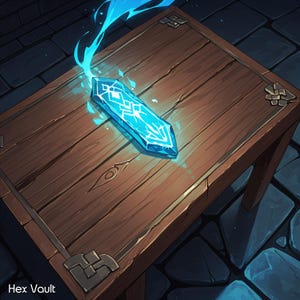 May include: A luminous, blue crystal with white geometric patterns sits on a wooden table. The crystal emanates a bright, ethereal light, with a wisp of blue energy rising from its top. The table is made of wood and has decorative metal corner brackets.