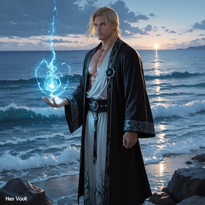 Peut inclure: Une personne aux longs cheveux blonds vêtue d'une robe noire avec des accents blancs et noirs, debout sur un rivage rocheux. La personne tient un orbe bleu brillant avec un éclair qui en émane. L'arrière-plan présente l'océan et un coucher de soleil.