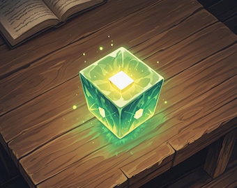 Può includere: Un cubo verde traslucido luminoso con un centro quadrato bianco brillante e piccoli accenti bianchi sui lati, che emette particelle di luce. L'oggetto è etichettato come Hex Vault nell'angolo in basso a sinistra dell'immagine.