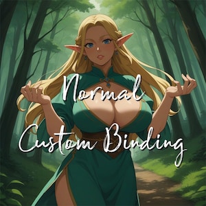 Puede incluir: Ilustración de estilo anime de una mujer con pelo largo rubio y orejas puntiagudas, vestida con un vestido verde con un cinturón marrón. El texto "Normal Custom Binding" está escrito en la imagen. El fondo presenta un bosque.