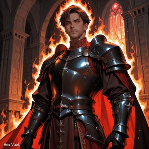 May include: A digital illustration of a man in dark armor with a red cape, standing in a gothic-style hall. The man has red eyes and a fiery halo. The image has a fantasy theme.