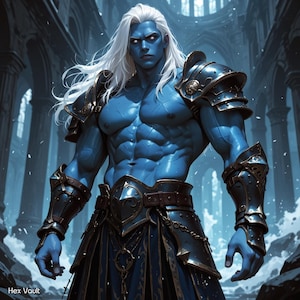 Puede incluir: Una figura musculosa de piel azul con largo cabello blanco y ojos brillantes, vestida con una armadura oscura ornamentada. El personaje de fantasía se encuentra en un salón de estilo gótico, exudando poder y fuerza. La imagen tiene un estilo de arte digital.