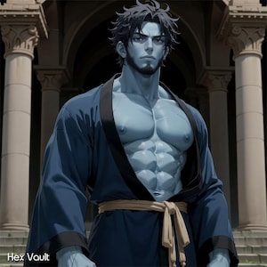 Può includere: Illustrazione di una figura muscolosa con la pelle blu che indossa un abito blu scuro con finiture nere e una fascia beige. La figura ha capelli scuri e barba. Lo sfondo presenta un edificio classico con colonne. Il testo "Hex Vault" è visibile.