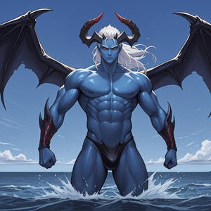 May include: A muscular blue-skinned figure with large black bat-like wings, white hair, and curved horns, standing in ocean water. The figure wears black wrist guards with red accents and a black loincloth. The text Hex Vault appears in the corner.