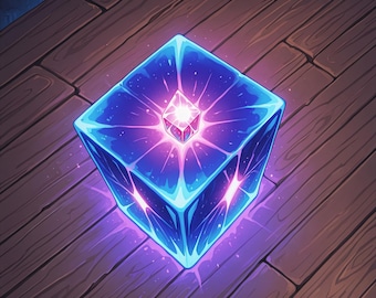 May include: A glowing blue cube with a bright pink light emanating from its center and sides, featuring a small crystalline structure on top. The cube displays a vibrant energy effect and includes the text Hex Vault in the bottom corner.