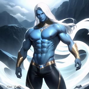 May include: A muscular, blue-skinned figure with long white hair and a stern expression. The figure is wearing gold armbands and a gold and blue belt, with black pants. The background features mountains and a cloudy sky.