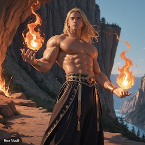 May include: A muscular individual with long blonde hair wearing black trousers with a gold-patterned waistband and red gemstone detail. The figure holds two glowing orange flames in their hands. The text "Hex Vault" appears in the bottom left corner.