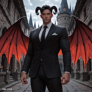 Puede incluir: Un hombre con un traje negro con ojos rojos, cuernos negros y alas rojas está de pie en una calle adoquinada. El fondo presenta un castillo con altas agujas y edificios de piedra. Tema de fantasía.