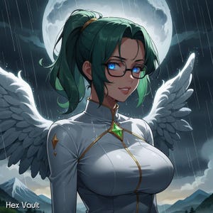 Può includere: Illustrazione in stile anime di una donna con capelli verdi, occhi blu e occhiali, che indossa un abito bianco con finiture dorate e ali d'angelo. Lo sfondo presenta una luna piena, pioggia e montagne.