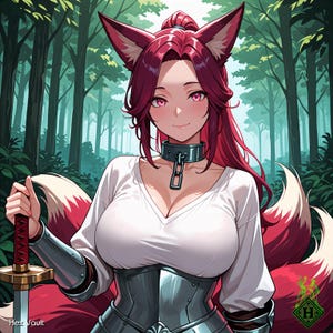 May include: A character with magenta hair, fox ears, and multiple tails wearing a white top, a metal collar with a chain, and a silver corset. The character holds a sword with a red handle and silver blade. The text Hex Vault is visible.