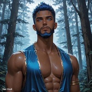 May include: A digital illustration of a man with blue hair and eyes, wearing a blue tunic with gold trim. The man has a beard and is standing in a forest. The image has a fantasy theme.