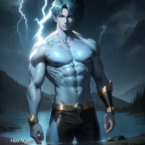 Può includere: Arte digitale di una figura muscolosa con pelle blu, capelli blu e occhi blu, in piedi nell'acqua. La figura indossa pantaloncini neri con cintura e polsini dorati. I fulmini lampeggiano sullo sfondo, sopra un lago e montagne.
