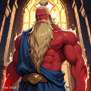 Può includere: Illustrazione digitale di una figura muscolosa con la pelle rossa, lunghi capelli biondi e una barba folta. La figura indossa un drappo blu e una cintura con fibbia dorata. Lo sfondo presenta una vetrata e il testo "Hex Vault".