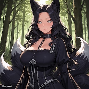 May include: An illustration of a woman with black hair, fox ears, and a fluffy tail. She wears a black dress with a corset-style bodice and a choker with a chain. The background is a forest with tall trees.