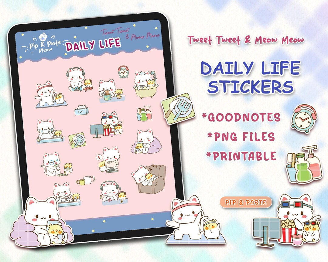 Kawaii Daily Life Digital Stickers | Goodnotes Planner (pre-cropped PNG ...