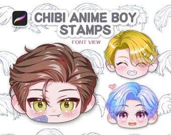 Chibi Anime Boy Procreate Stamps: Hair, Eyes, Mouth, Face Styles (Digital Download)