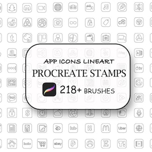 Peut inclure: Une collection de tampons de dessins au trait d'icônes d'applications. L'image présente une grille de diverses icônes d'applications dans un style minimaliste. Un rectangle blanc arrondi central contient le texte "APP ICONS LINEART PROCREATE STAMPS 218+ BRUSHES".