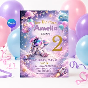 Two the Moon Birthday Invitation Astronaut Girl Space Party Invite 2nd Editable Canva Digital