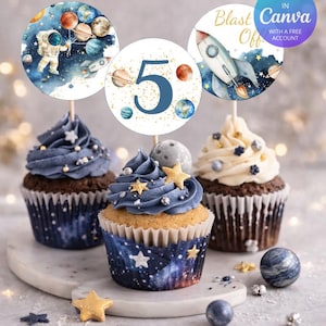 Sjabloon verjaardag cupcake toppers ruimte, decor van de kosmische ruimte, astronaut raketplaneten, bewerkbare leeftijd topper, Instant Download