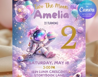 Two the Moon Birthday Invitation Astronaut Girl Space Party Invite 2nd Editable Canva Digital