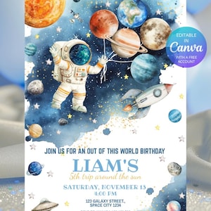 Invitación para el quinto cumpleaños de un astronauta, plantilla editable de Canva con temática espacial, descarga digital