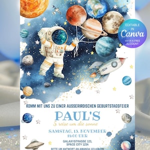 Könnte beinhalten: Aquarell-Einladung mit einem Astronauten, Planeten und einer Rakete vor einem sternenblauen Hintergrund. Die Einladung enthält den Text "PAUL'S" und Veranstaltungsdetails. Das Design ist in Canva editierbar.