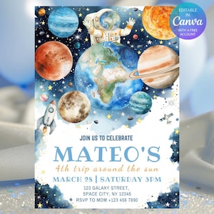 Può includere: Invito a tema spaziale con pianeti, un astronauta e un razzo. Il testo recita: "Unisciti a noi per festeggiare il 4° compleanno di Mateo" con data, ora e luogo.