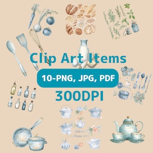 Puede incluir: Elementos de clip art en acuarela que incluyen utensilios de cocina, verduras, pan y botellas. La imagen presenta el texto "Clip Art Items" y "10-PNG, JPG, PDF, 300DPI" en color turquesa.