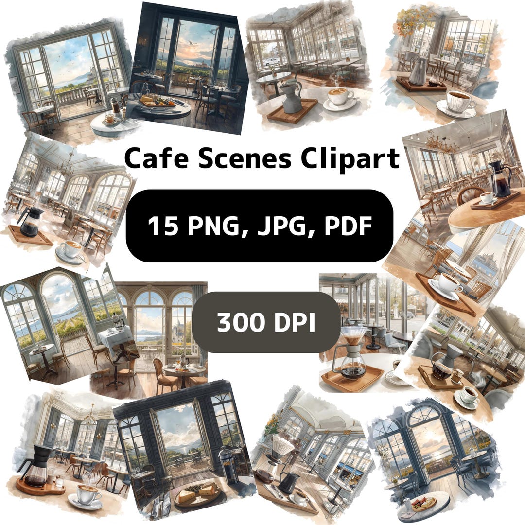 Coffee Scenes Clipart Aesthetic Cafe Interior Watercolor Illustration ...