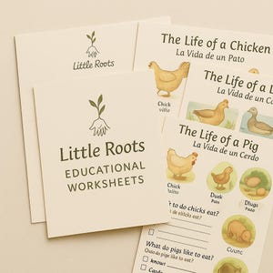 Puede incluir: Hojas de trabajo educativas de Little Roots. Las hojas de trabajo presentan ilustraciones de animales de granja, incluyendo gallinas y cerdos, con texto en inglés y español. Las hojas de trabajo están impresas en papel color crema.
