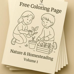 May include: A pile of cream-coloured colouring pages. The top page displays the text "Free Colouring Page" and an illustration of two children gardening. The text "Nature & Homesteading Volume 1" is also present.