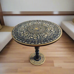 Artisan Enamel Lacquer Coffee Table – 18&quot; Round Sheesham Wood Table | Blue & Black Brass Inlay Accent Table