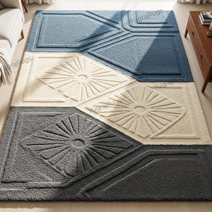 May include: A large, rectangular rug with a geometric design. The rug features sections of blue, cream, and grey, with raised diamond and sunburst patterns. The rug is made of a soft, textured material, suitable for a living room or bedroom.