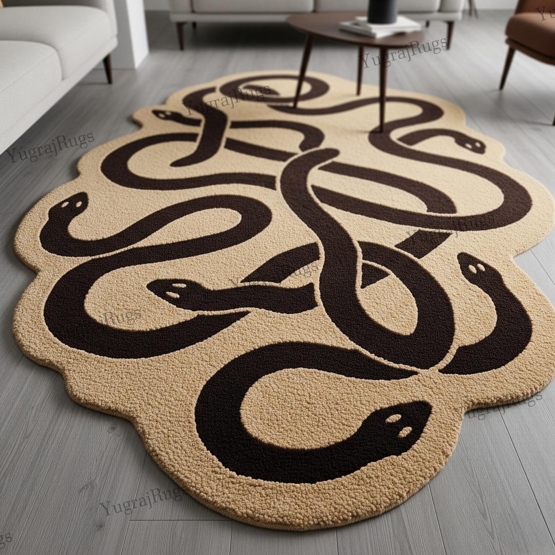 Irregular Beige Dark Brown Snake Design Hand Tufted Wool Rugs for Kids ...