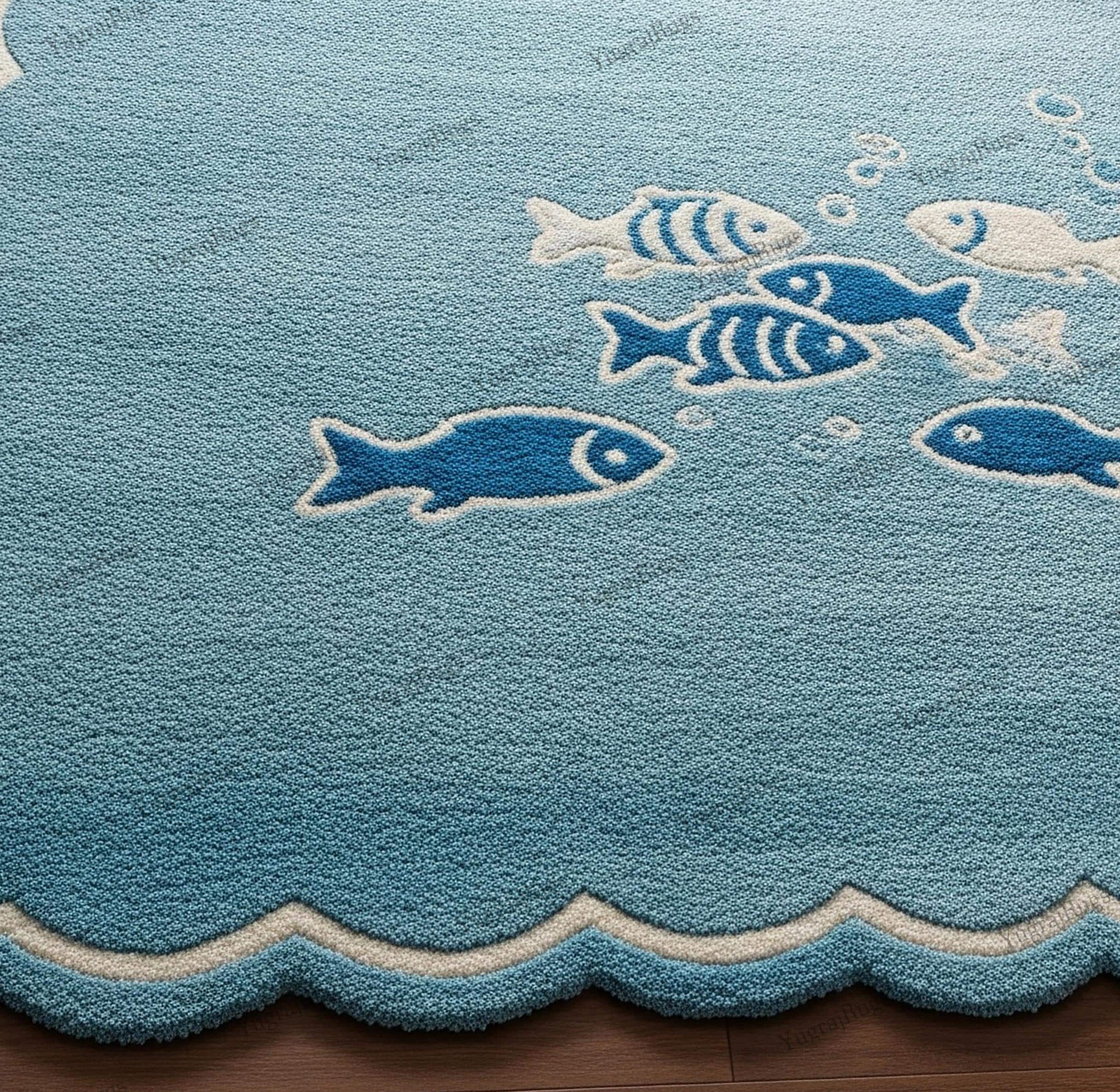 blue hand hooked wool rug blue fish Blue Fish Hand Tufted Wool Rug, Ocean Theme Scalloped Edge Marine Life Area  Carpet