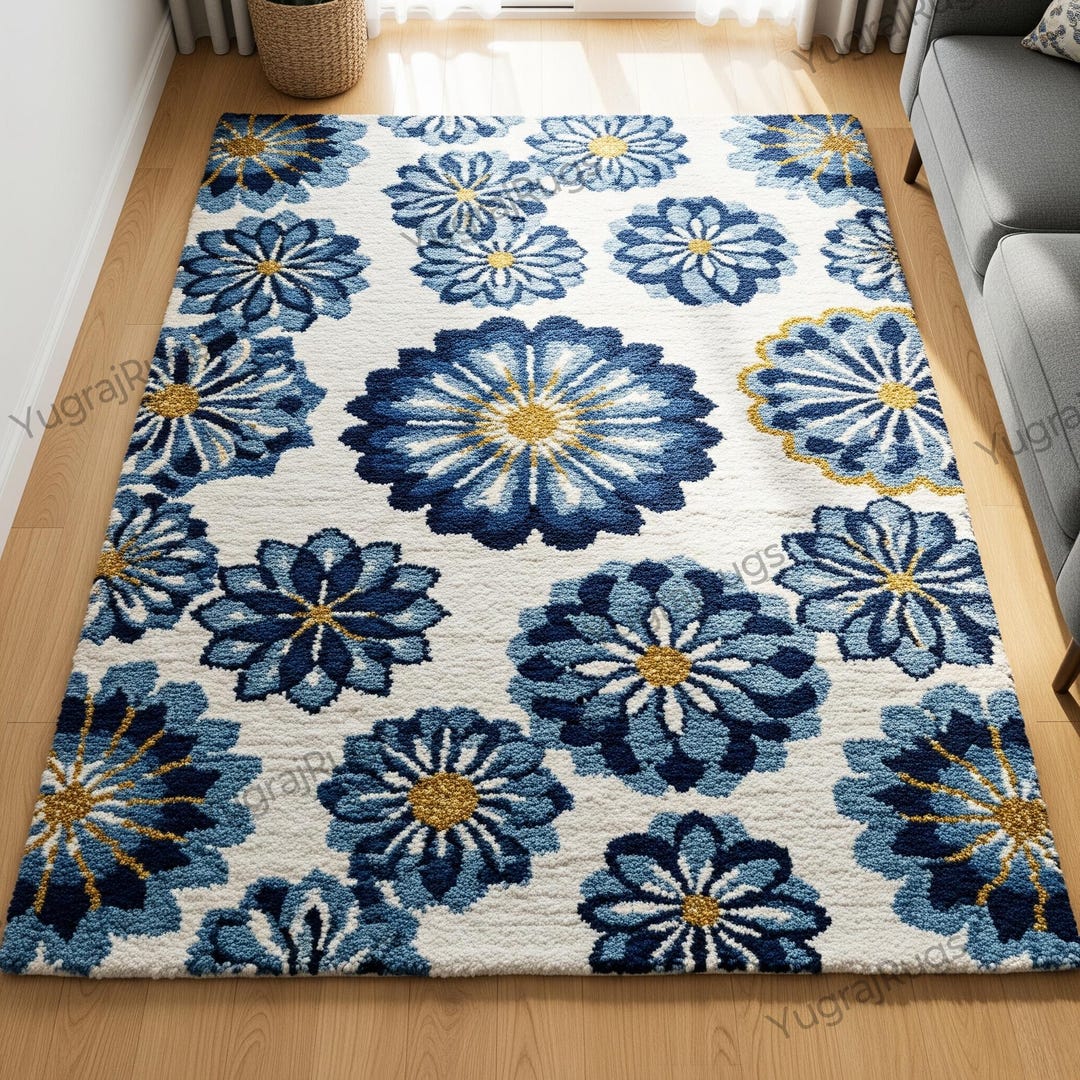 Hand Tufted White Blue Floral Design Wool Rug, Custom Wool Area Rugs ...