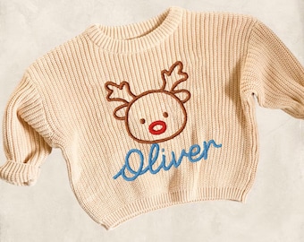 Personalized Hand Embroidered Christmas Baby And Toddler Sweater, Custom Name Baby Knit Pullover, Newborn Sweatshirt, Holiday Christmas Gift