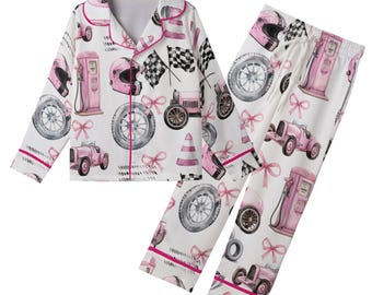 Rosa/blått Coquette Racing satinpyjamasset för kvinnor, sportpyjamasset för barn och ungdomar, rutiga flaggor med racingloungekläder, present till racer