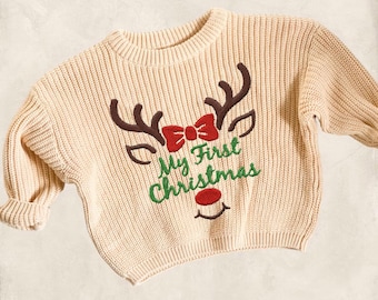 Hand Embroidered First Christmas Baby And Toddler Sweater Knit Pullover, Holiday Wear Gift, Newborn Sweater, Baby First Christmas Sweatshirt