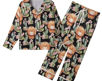 Pijama de satén con diseño de vaca de las Tierras Altas y cactus para mujer, niño y joven. Regalo ideal para los amantes de las vacas de las Tierras Altas. Ropa de estar estilo western. Pijamas a juego para toda la familia.