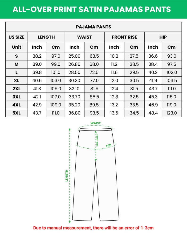 Puede incluir: Tabla de tallas de pantalones de pijama con medidas en cent&iacute;metros y pulgadas. La tabla muestra las medidas de largo, cintura, tiro delantero y cadera para las tallas S a 5XL. El texto en la parte superior dice "ALL-OVER PRINT SATIN PAJAMAS PANTS".