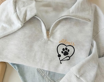 Embroidered Paw Print Vet Tech Quarter Zip Sweatshirt, Personalized Vet Tech Sweater, Custom VT Sweatshirt, Gift for Vet Tech Veterinarian