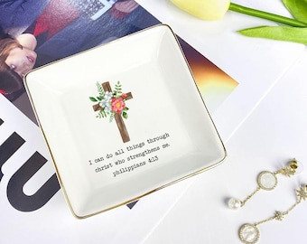 Christian Trinket Tray I Can Do All Things Bible Verse Ring Dish Flower Cross Jewelry Dish Christian Gift Religious Gift For Women Keepsake