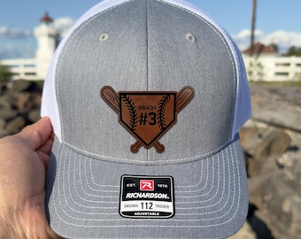 Custom Name Number Baseball Hat Leather Patch Trucker Hat Baseball Dad Hat Baseball Snapback Hat Baseball Gift Baseball Lover Gift For Dad