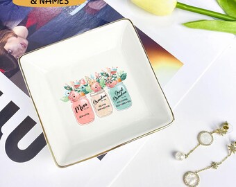 Plato de joyería personalizado con nombre de niño, año de nacimiento, mamá y abuela, plato de anillo personalizado para bisabuela, regalo para mamá y abuela, regalo de cumpleaños para el Día de la Madre
